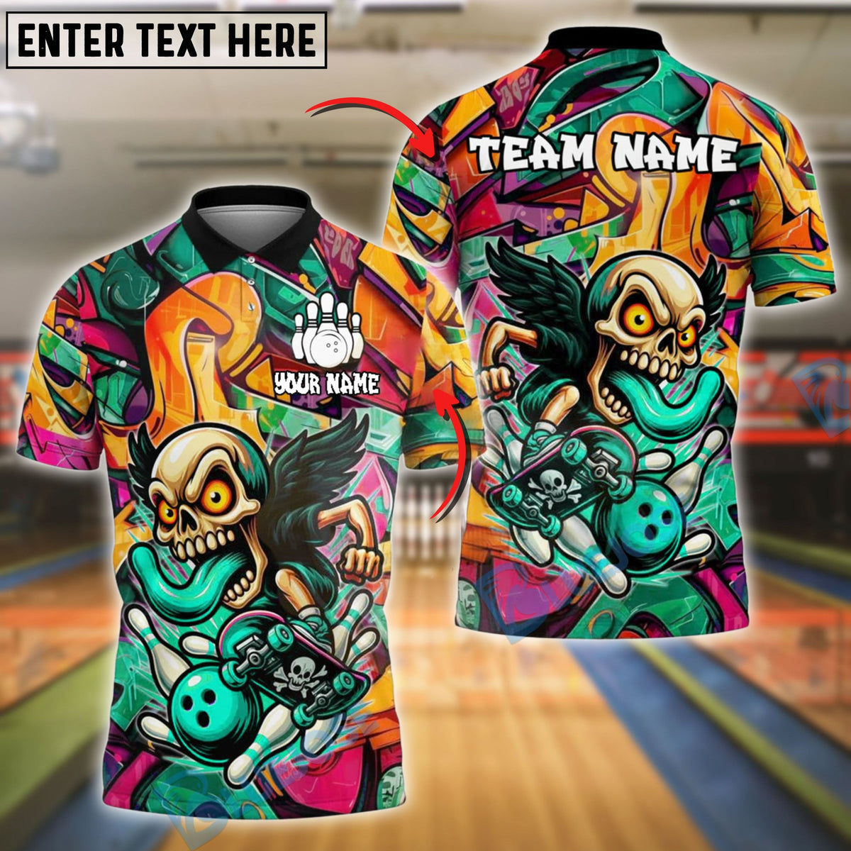 BlueJose Bowling Graffiti Skull Customized Name, Team Name 3D Shirt (4 Colors)