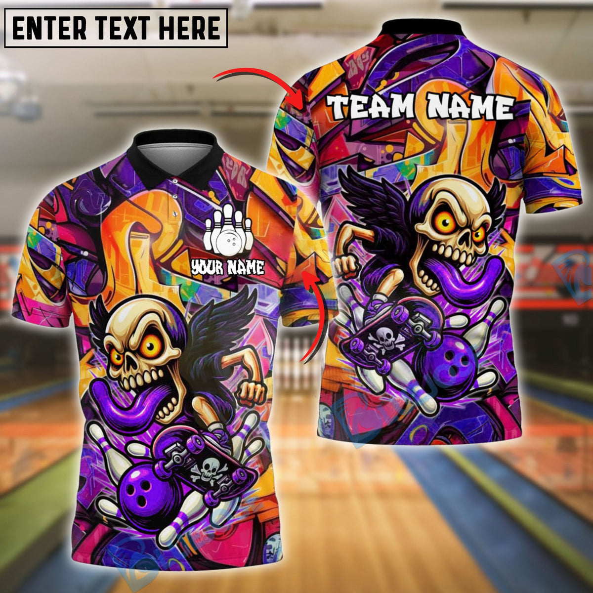 BlueJose Bowling Graffiti Skull Customized Name, Team Name 3D Shirt (4 Colors)