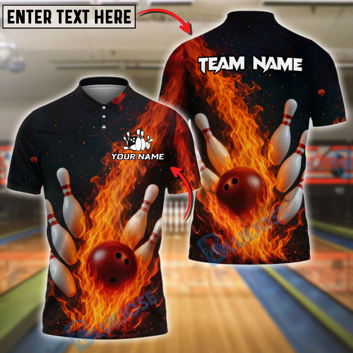 BlueJose Bowling And Pins Inferno Strike Down Customized Name, Team Name 3D Shirt (4 Colors)