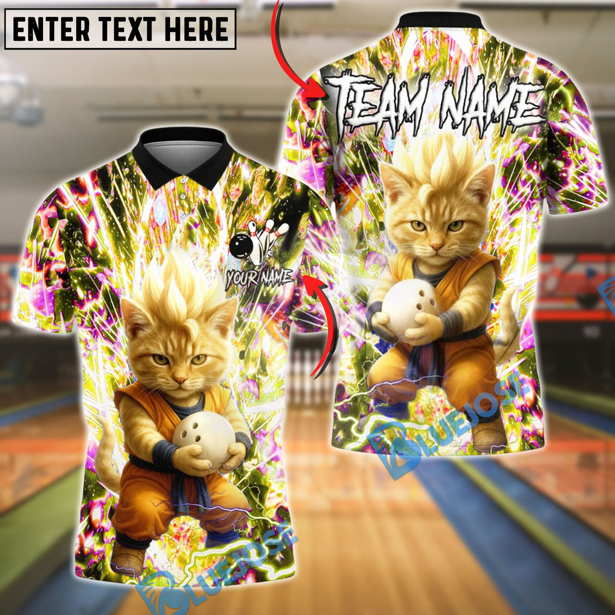 BlueJose Bowling And Pins Galaxy Power Cat Customized Name, Team Name 3D Shirt (4 Colors)
