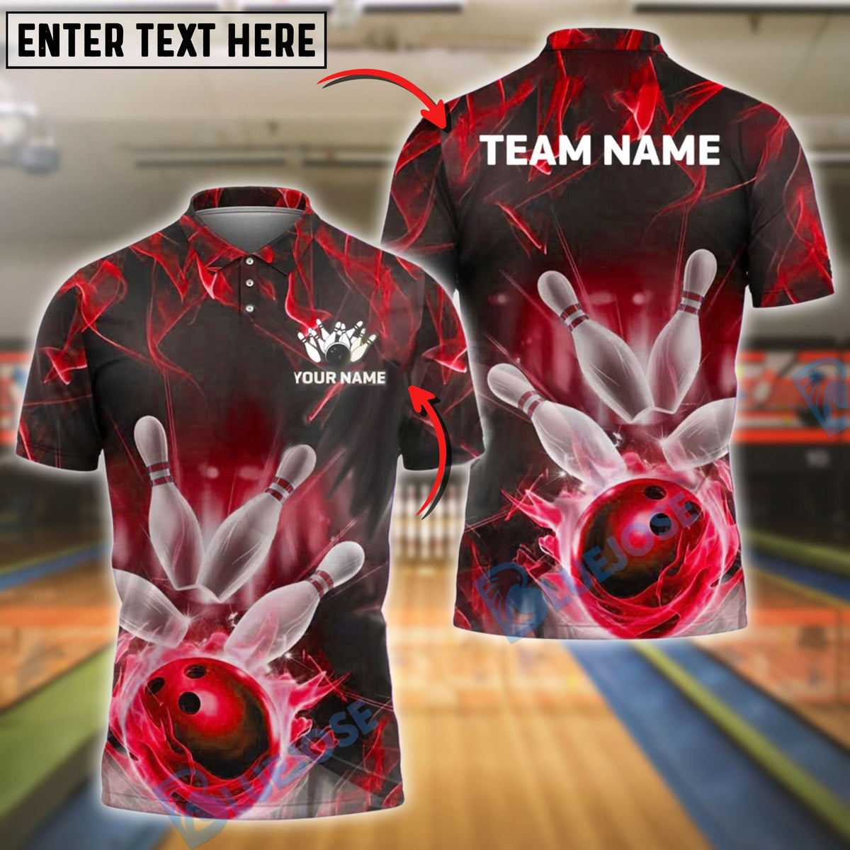 BlueJose Bowling And Pins Flame Power Customized Name, Team Name 3D Shirt (4 Colors)