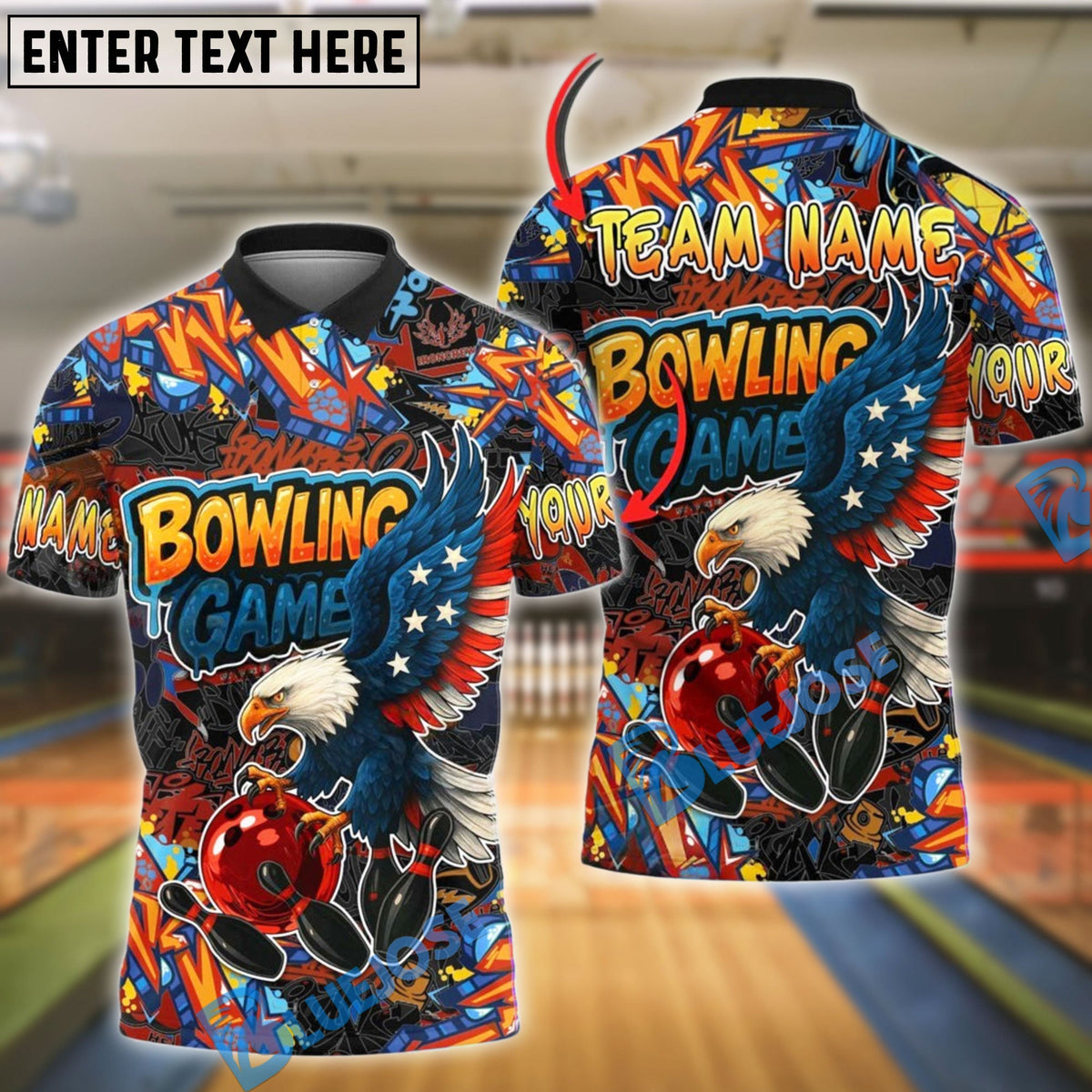 BlueJose Bowling And Pins American Eagle Graffiti Customized Name 3D Shirt (4 Colors)