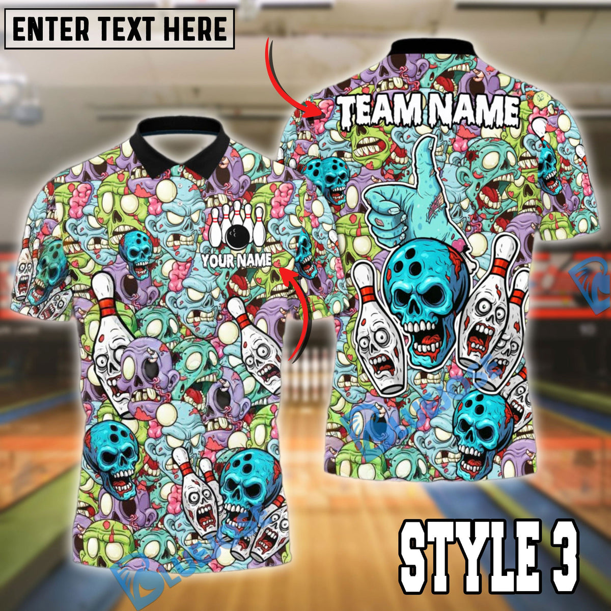 BlueJose Bowling And Pins Zombie Skull Horror Style Customized Name 3D Shirt (6 Colors)