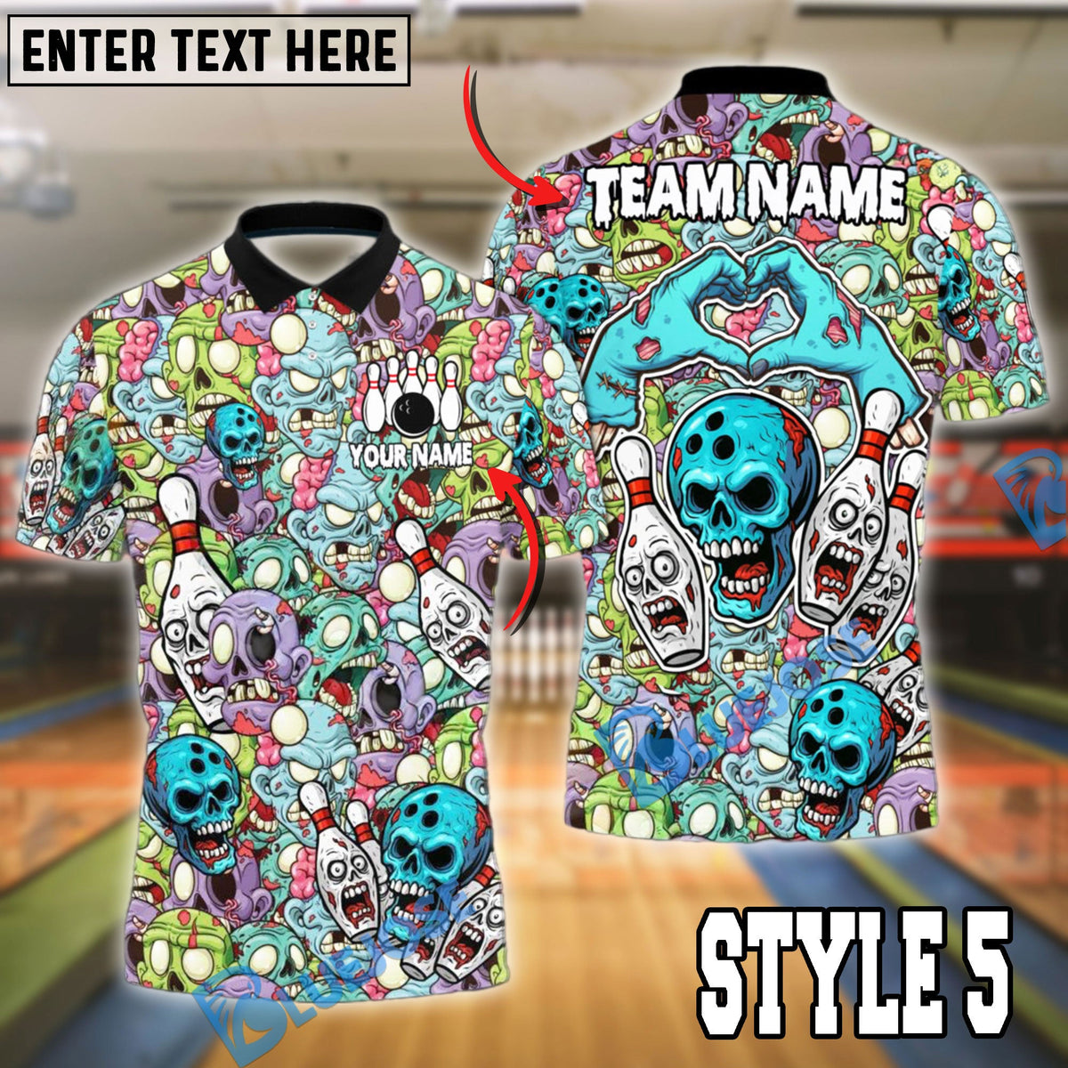 BlueJose Bowling And Pins Zombie Skull Horror Style Customized Name 3D Shirt (6 Colors)