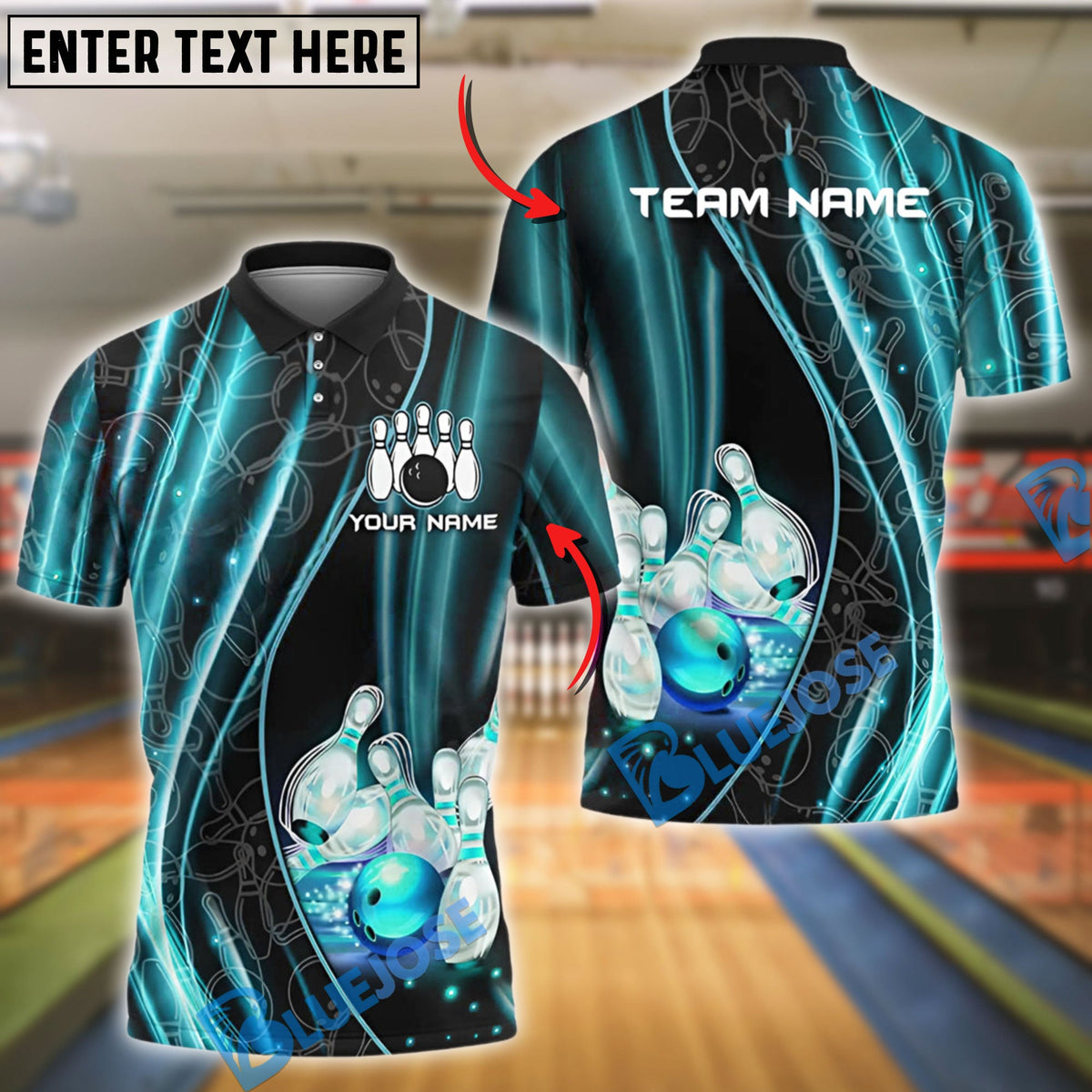 BlueJose Bowling And Pins Neon Lightning Customized Name, Team Name 3D Shirt (4 Colors)