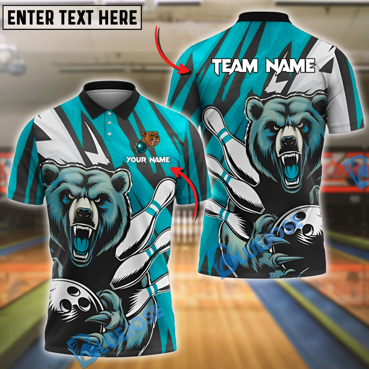 BlueJose Bowling And Pins Fierce Bear Gear Customized Name, Team Name 3D Shirt (4 Colors)