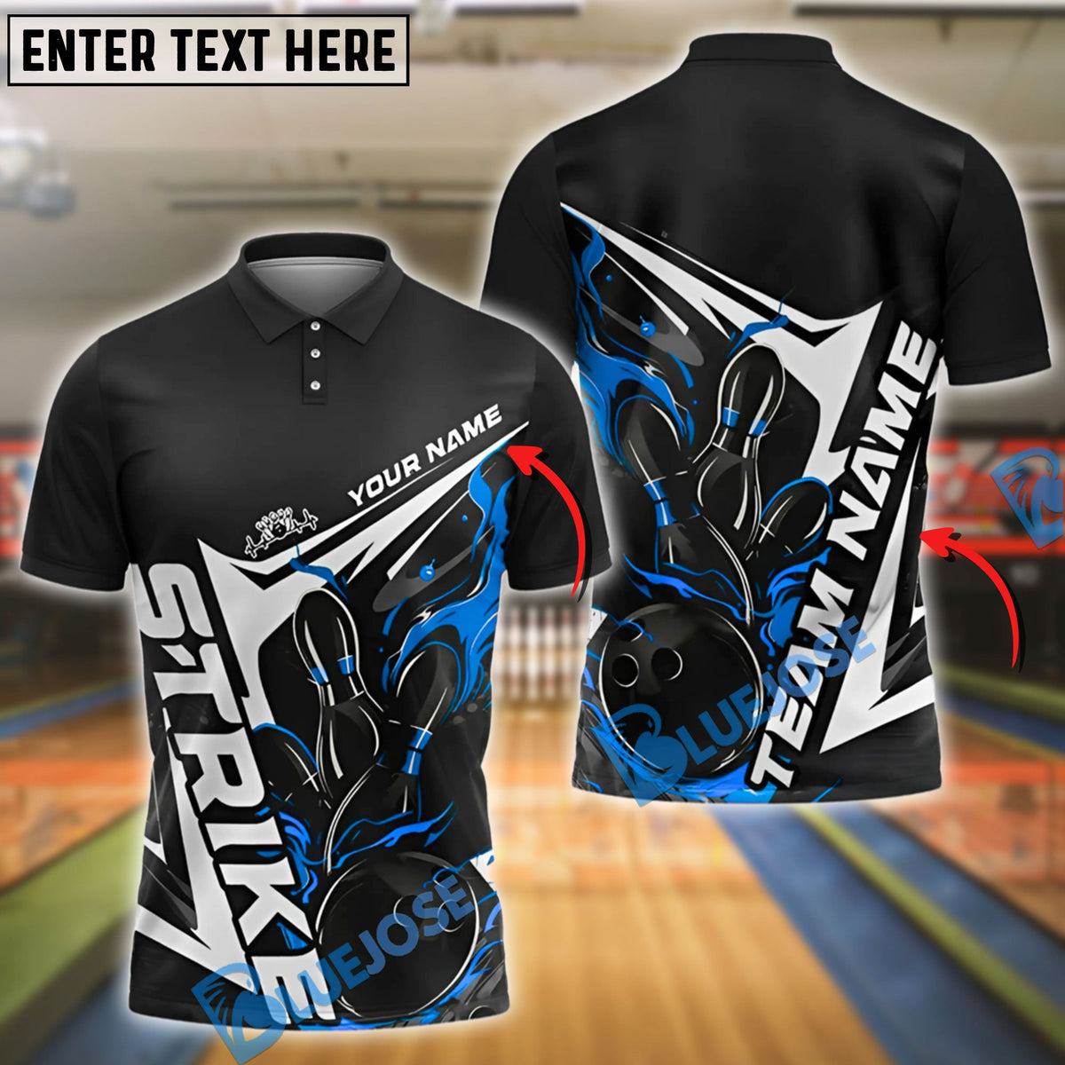 BlueJose Bowling And Pins Flame Blaze Motion Customized Name, Team Name 3D Shirt (4 Colors)