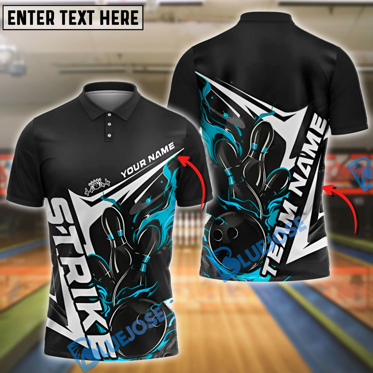 BlueJose Bowling And Pins Flame Blaze Motion Customized Name, Team Name 3D Shirt (4 Colors)