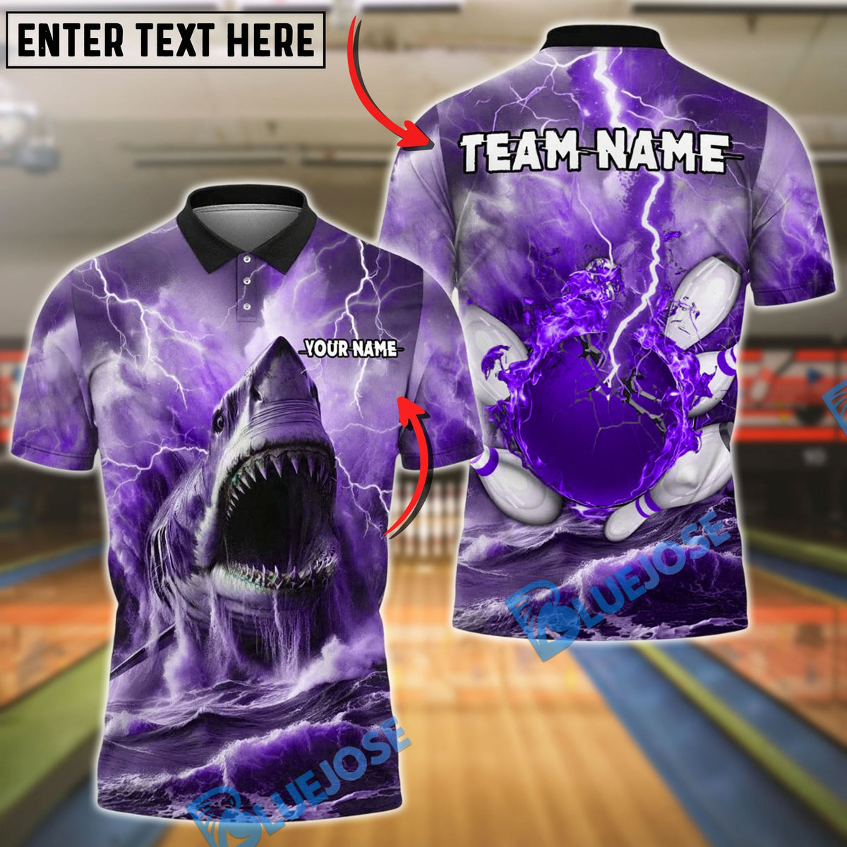 BlueJose Bowling And Pins Shark and Lightning Customized Name, Team Name 3D Shirt (4 Colors)