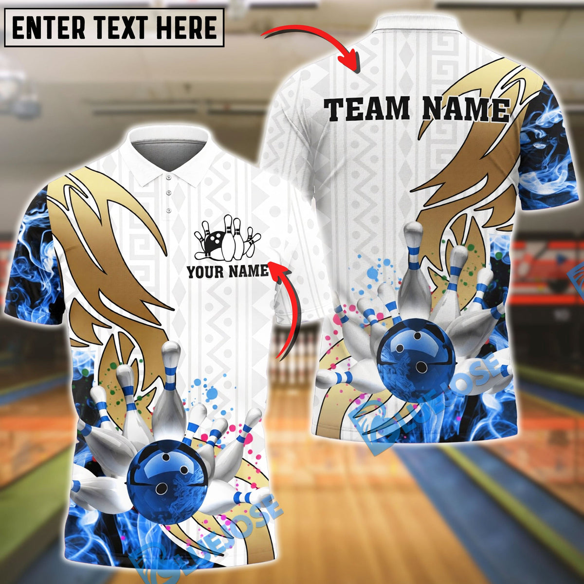 BlueJose Bowling And Pins Tribal Flame Rainbow Pattern Customized Name, Team Name 3D Shirt (4 Colors)
