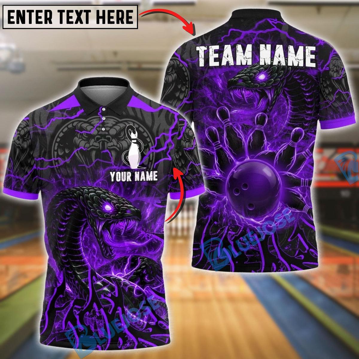 BlueJose Bowling And Pins Neon Cobra Snake Customized Name, Team Name 3D Shirt (4 Colors)