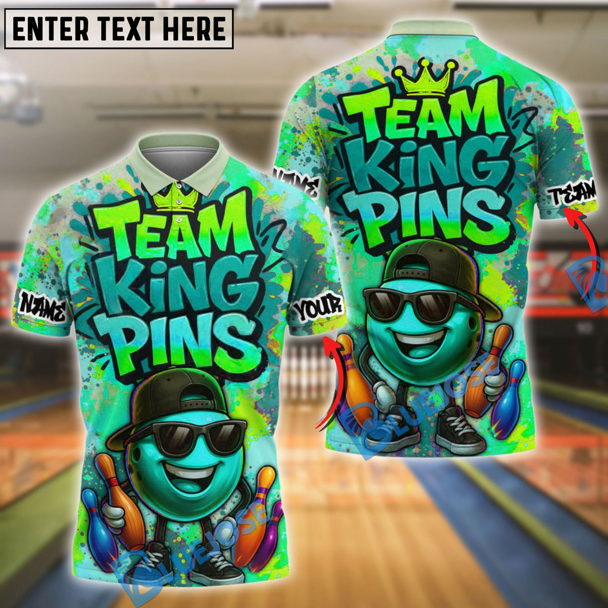 BlueJose Bowling And Pins Graffiti Style Team King Pins Customized Name 3D Shirt (4 Colors)