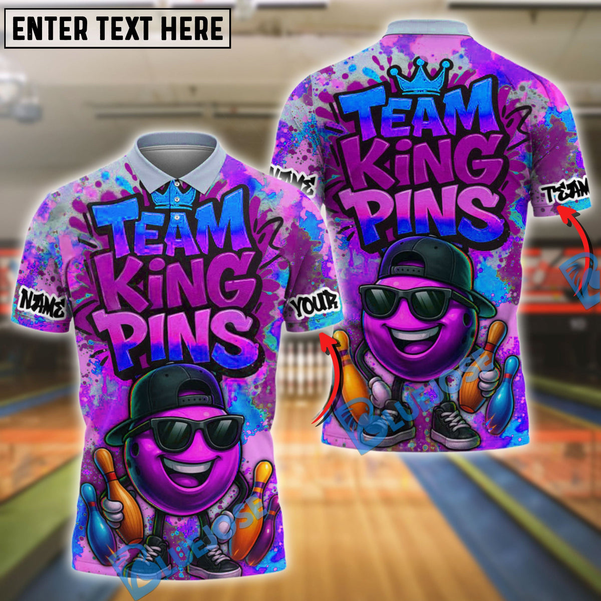BlueJose Bowling And Pins Graffiti Style Team King Pins Customized Name 3D Shirt (4 Colors)