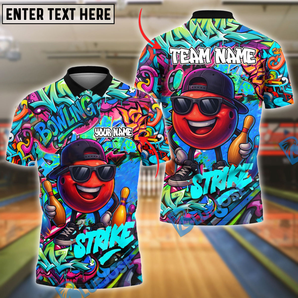 BlueJose Bowling And Pins Graffiti Strike Cool Ball with Shades & Street Art Customized Name 3D Shirt (4 Colors)