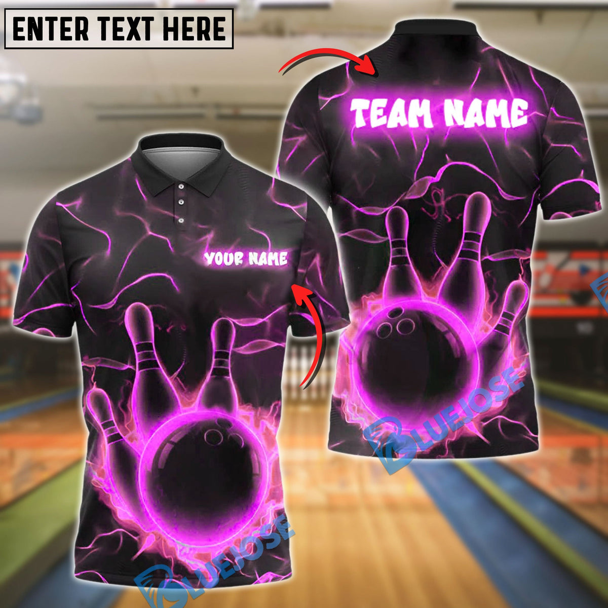 BlueJose Bowling And Pins Neon Lightning Customized Name, Team Name 3D Shirt (4 Colors)
