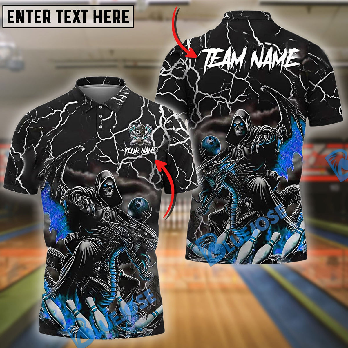 BlueJose Bowling And Pins Racer Skull Customized Name, Team Name 3D Shirt (4 Colors)