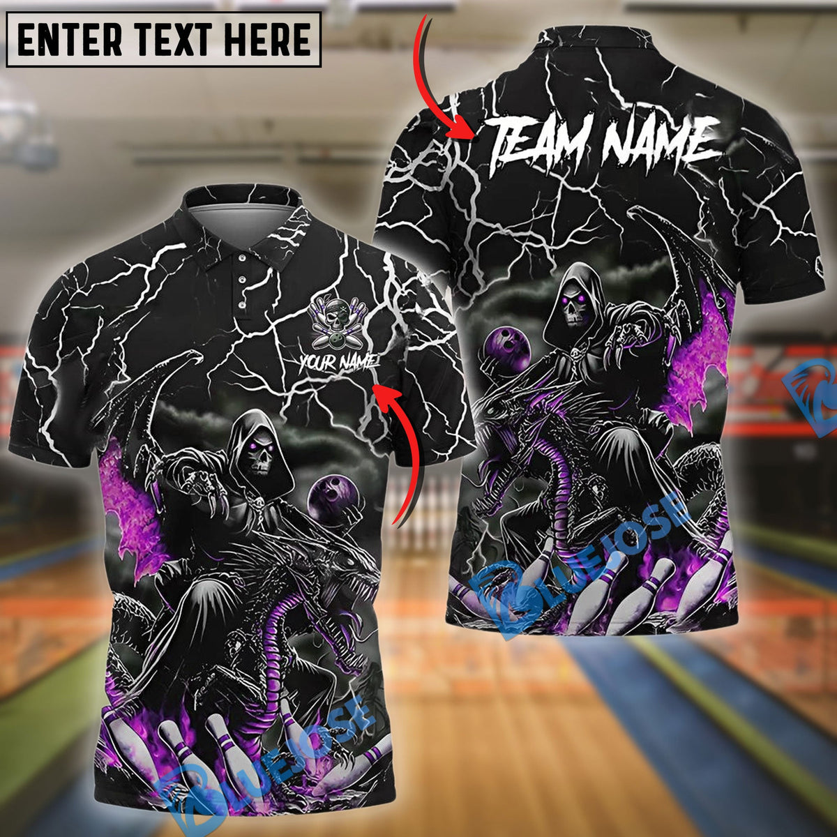 BlueJose Bowling And Pins Racer Skull Customized Name, Team Name 3D Shirt (4 Colors)