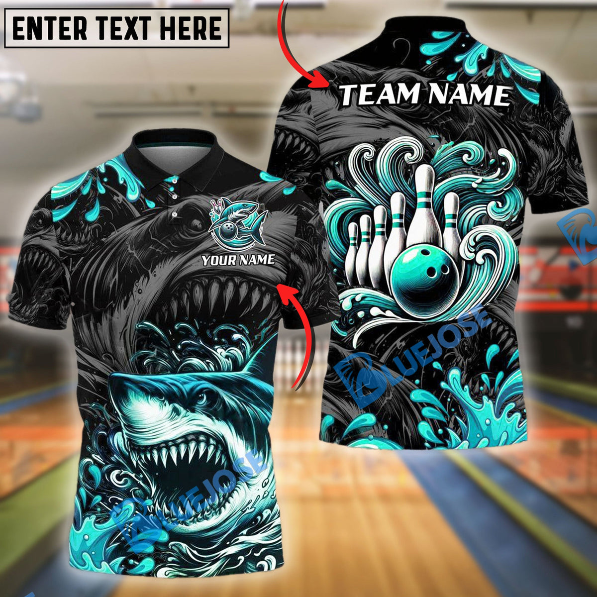 BlueJose Bowling And Pins Angry Shark Customized Name, Team Name 3D Shirt (4 Colors)
