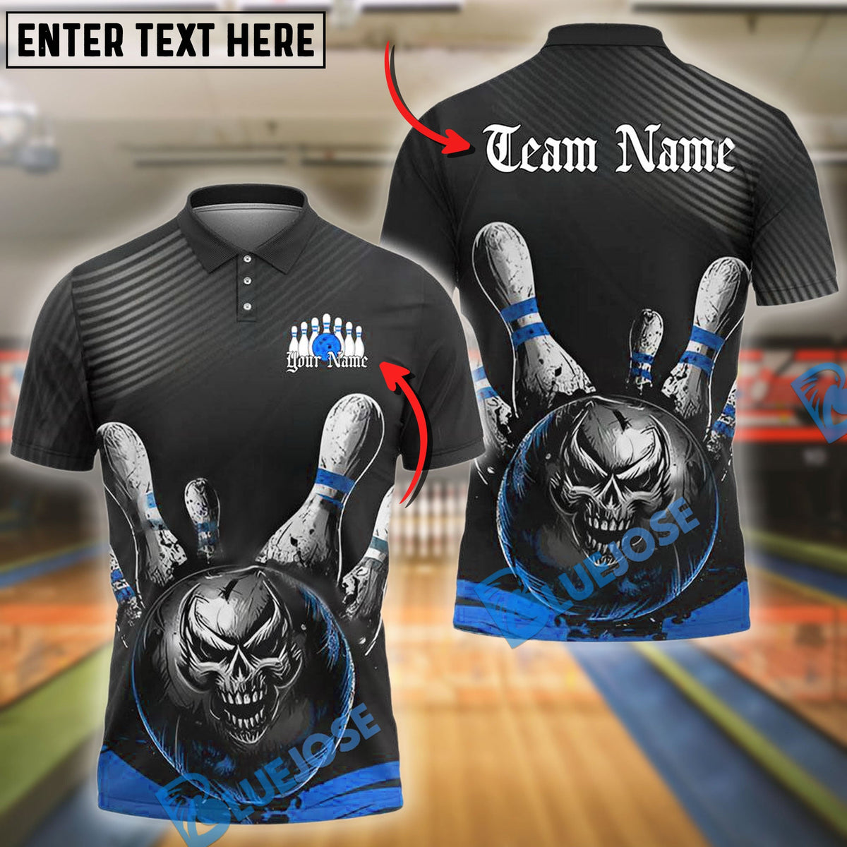 BlueJose Bowling And Pins Dark Skull Strike Customized Name, Team Name 3D Shirt (4 Colors)
