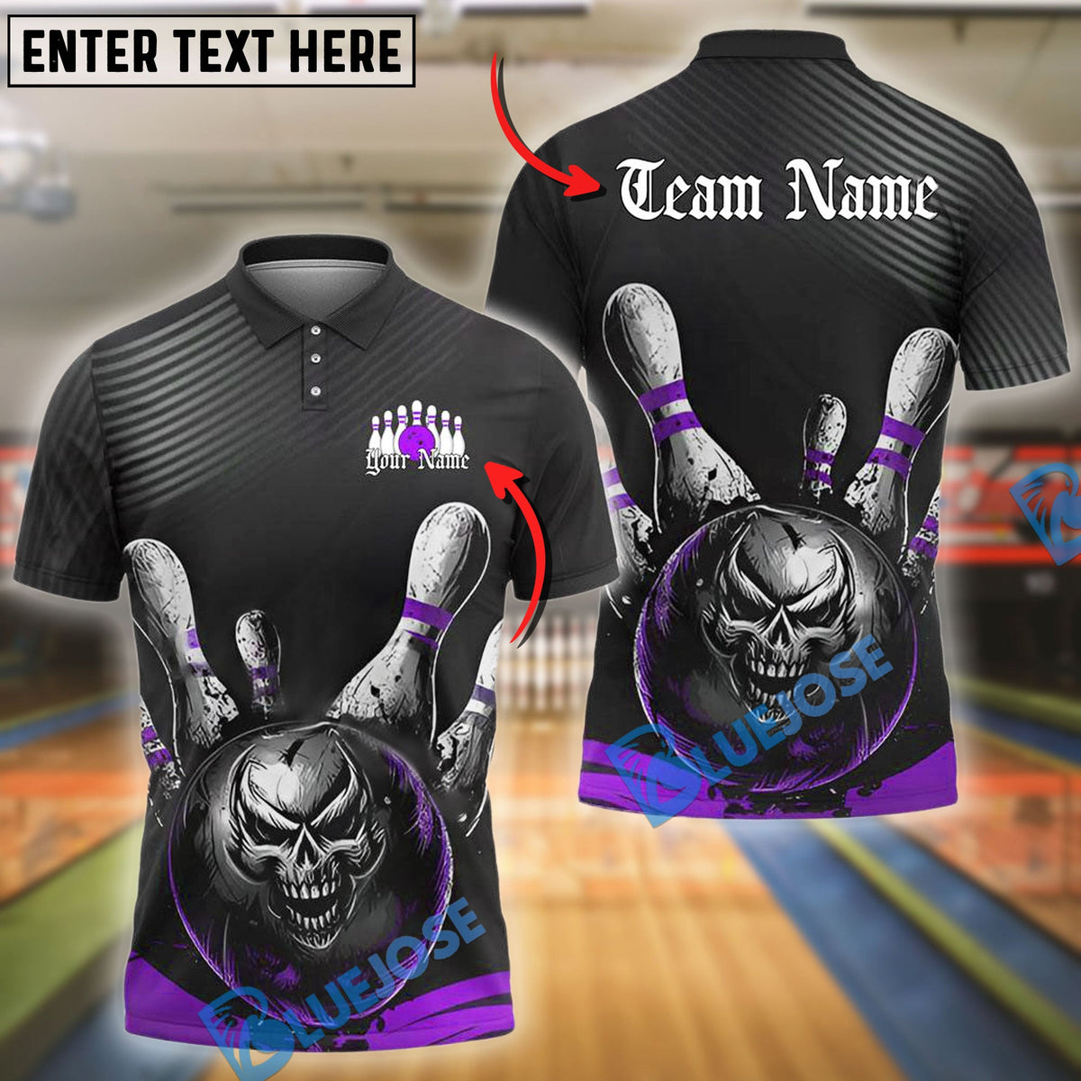 BlueJose Bowling And Pins Dark Skull Strike Customized Name, Team Name 3D Shirt (4 Colors)