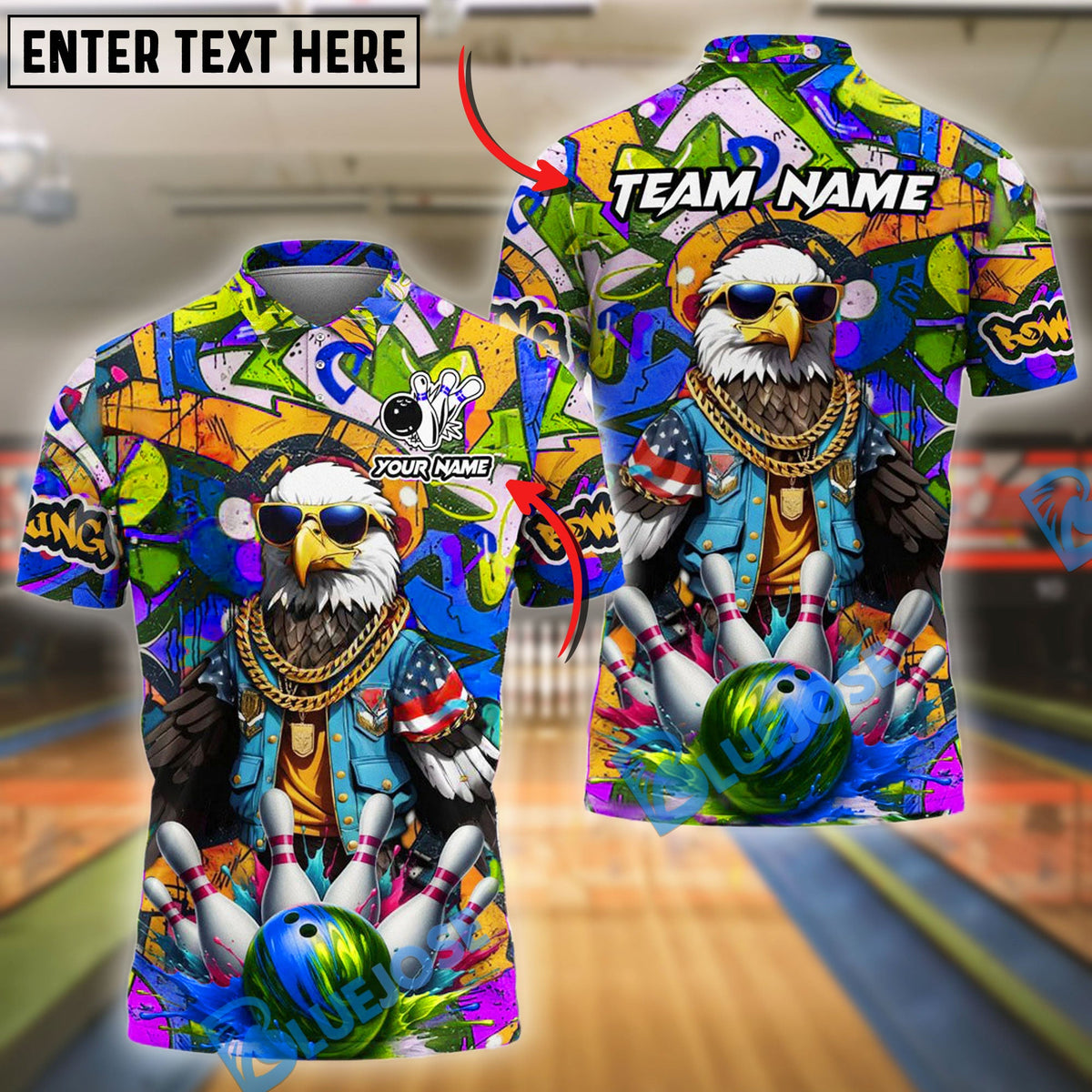 BlueJose Bowling And Pins Funny Eagle Graffiti Customized Name, Team Name 3D Shirt (4 Colors)