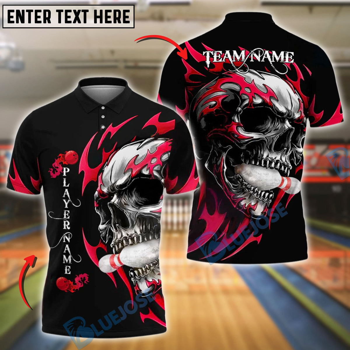 BlueJose Bowling Flaming Skull Customized Name, Team Name 3D Shirt (4 Colors)