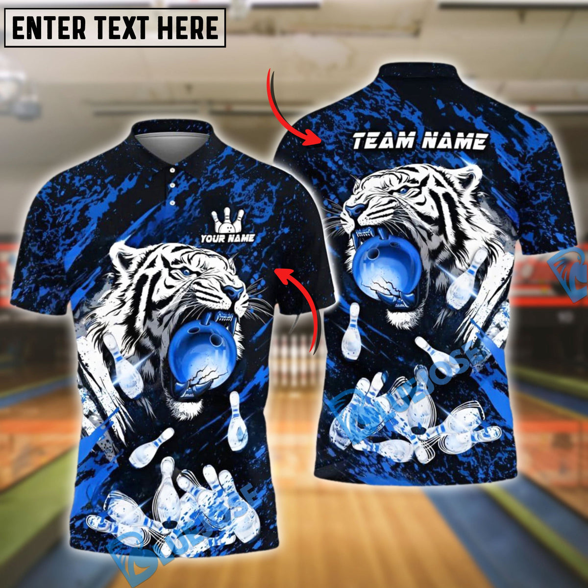 BlueJose Bowling And Pins White Tiger Red Ball Fire Splash Customized Name 3D Shirt (4 Colors)