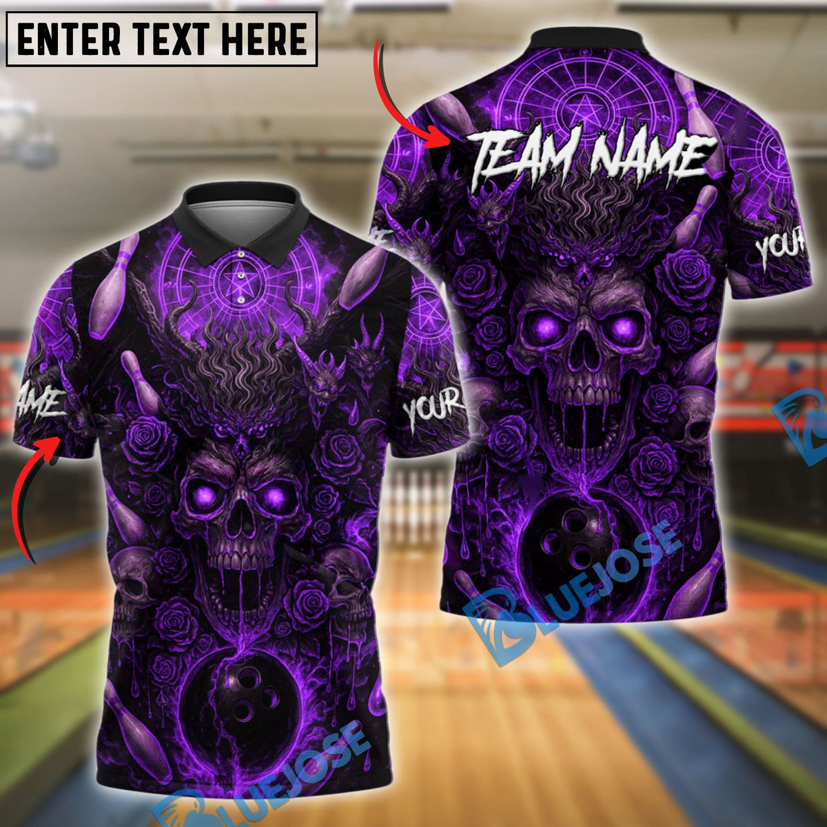 BlueJose Bowling And Pins Demon Skull Roses Red Aura Customized Name 3D Shirt (4 Colors)