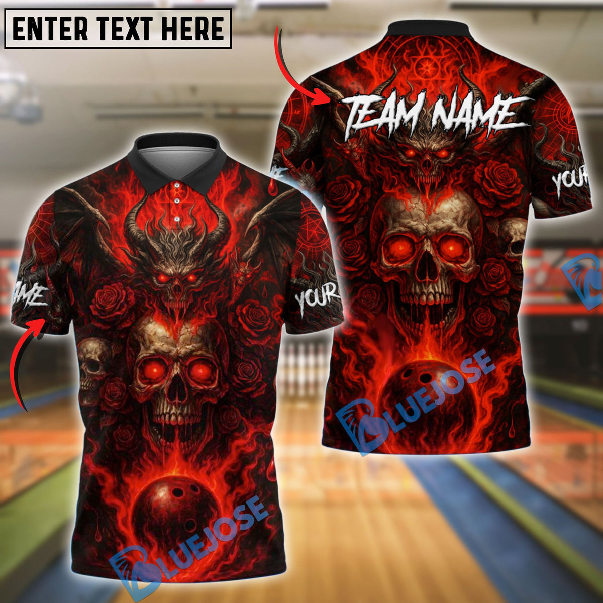 BlueJose Bowling And Pins Hellfire Skull Flames Inferno Customized Name 3D Shirt (4 Colors)