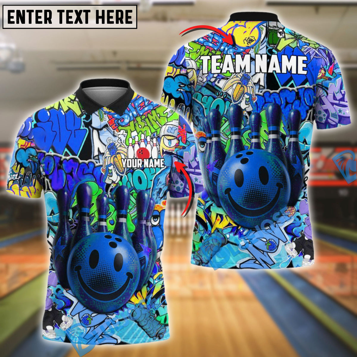 BlueJose Bowling And Pins Graffiti Funny Smiley Customized Name, Team Name 3D Shirt (4 Colors)