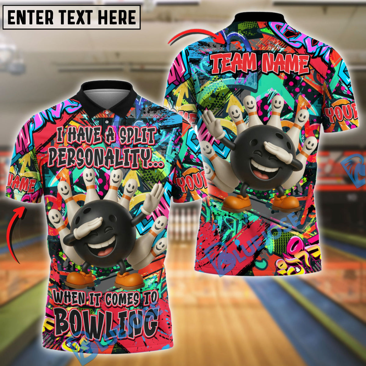BlueJose Bowling And Pins ‚ÄúSplit Personality‚Äù Graffiti Style Customized Name, Team Name 3D Shirt (4 Colors)
