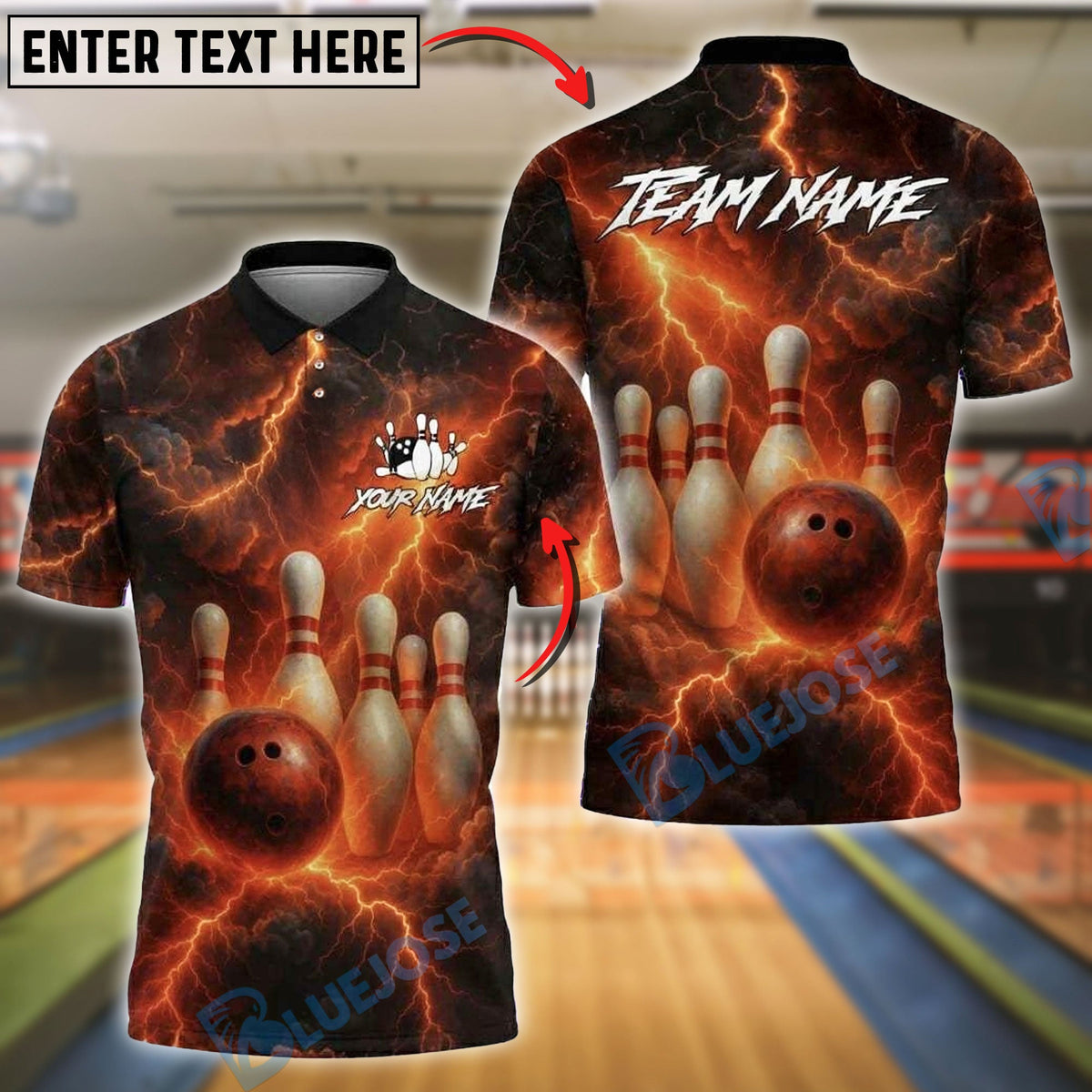 BlueJose Bowling And Pins Fire Thunder Storm Customized Name, Team Name 3D Shirt (6 Colors)