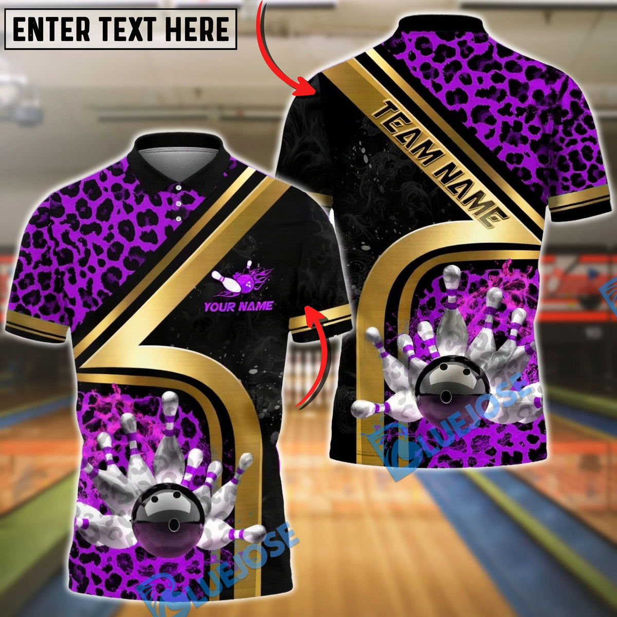 BlueJose Bowling & Pins Gold Diagonal Stripe Leopard Pattern Customized Name, Team Name 3D Shirt (4 Colors)