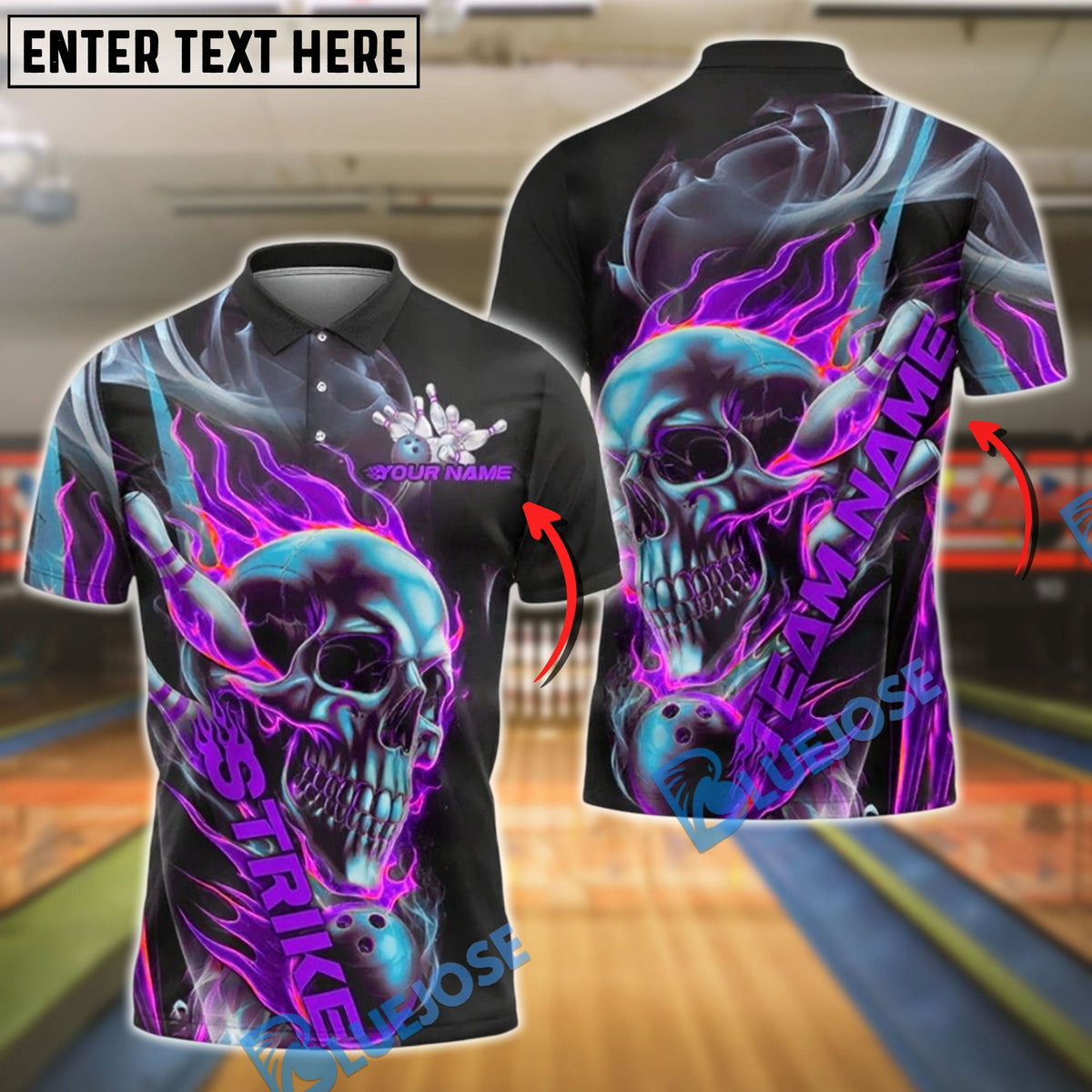 BlueJose Bowling And Pins Flaming Skull Strike Down Customized Name, Team Name 3D Shirt (4 Colors)