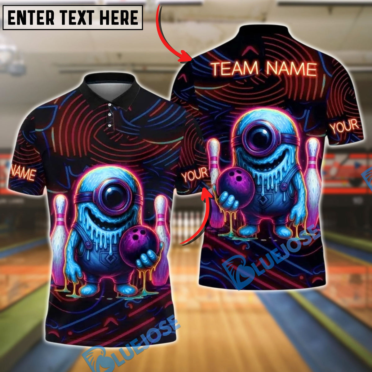 BlueJose Bowling And Pins Neon Monster Customized Name, Team Name 3D Shirt (4 Colors)
