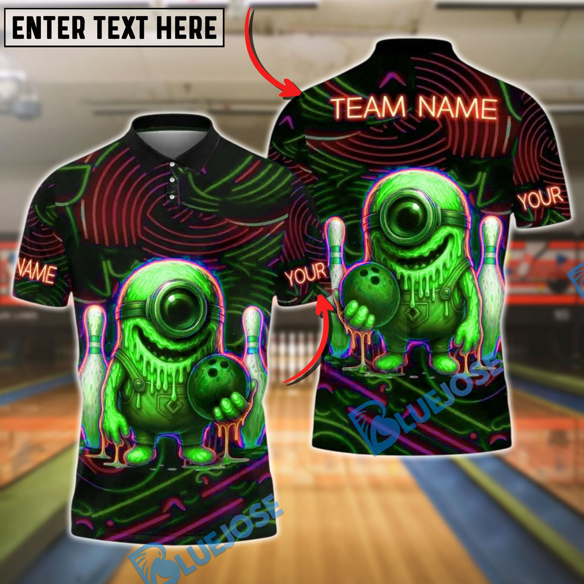 BlueJose Bowling And Pins Neon Monster Customized Name, Team Name 3D Shirt (4 Colors)