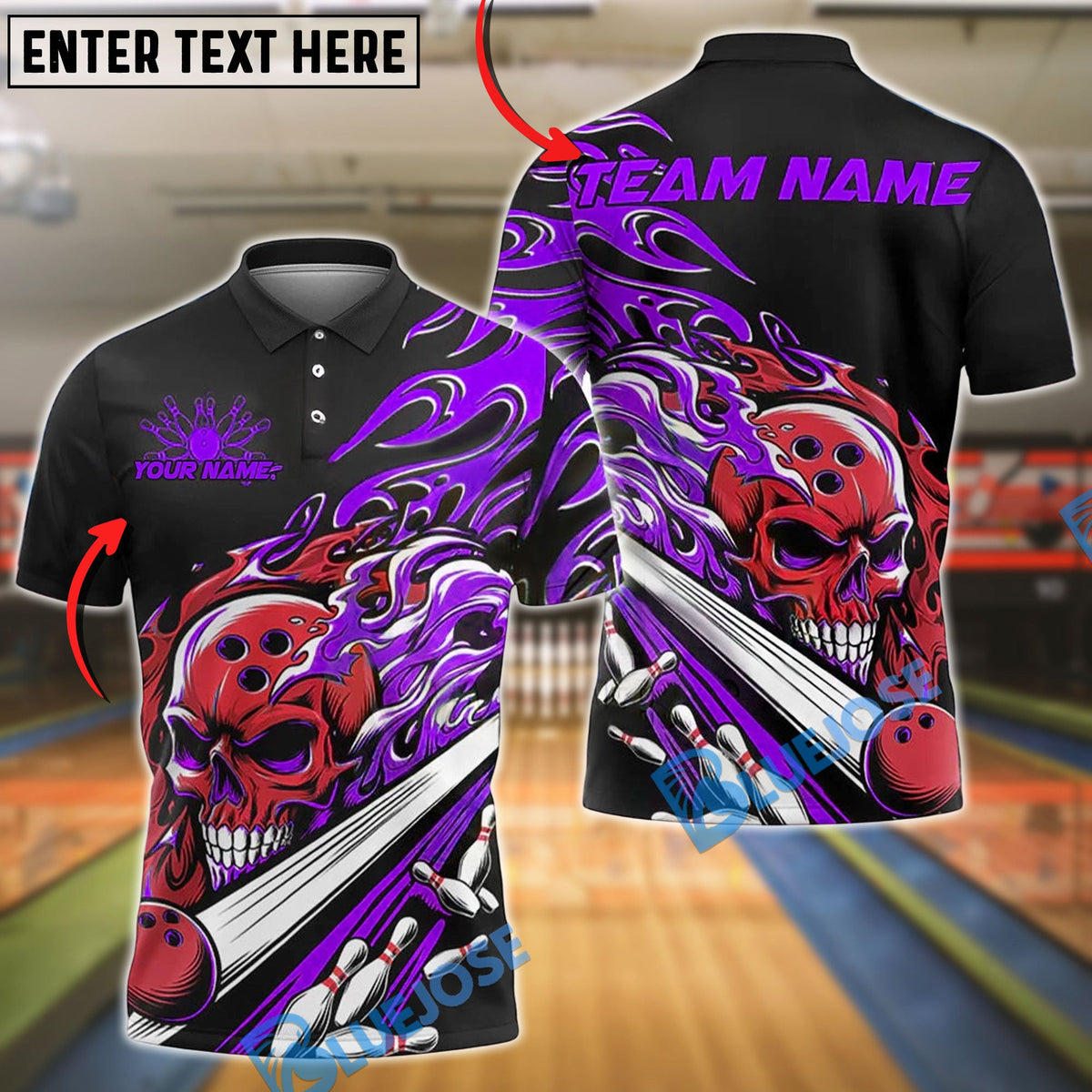 BlueJose Bowling And Pins Fiery Skull Lane Strike Customized Name, Team Name 3D Shirt (4 Colors)