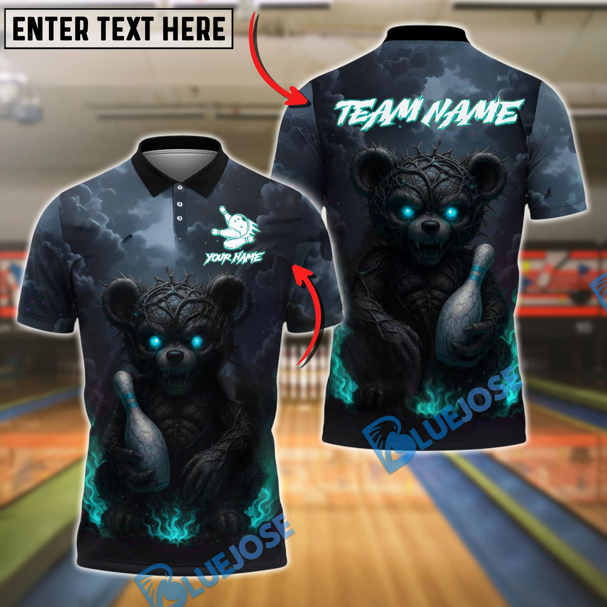 BlueJose Bowling And Pins Evil Teddy Bear with Bowling Pin Customized Name, Team Name 3D Shirt (4 Colors)
