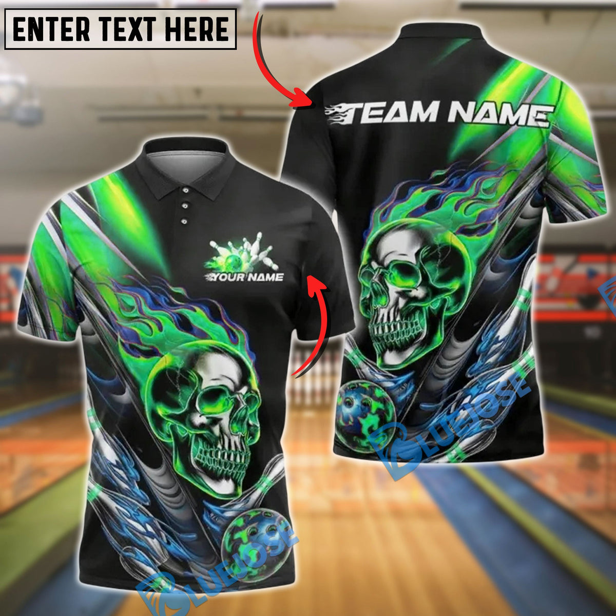 BlueJose Bowling And Pins Flaming Skull with Bowling Ball Customized Name, Team Name 3D Shirt (4 Colors)