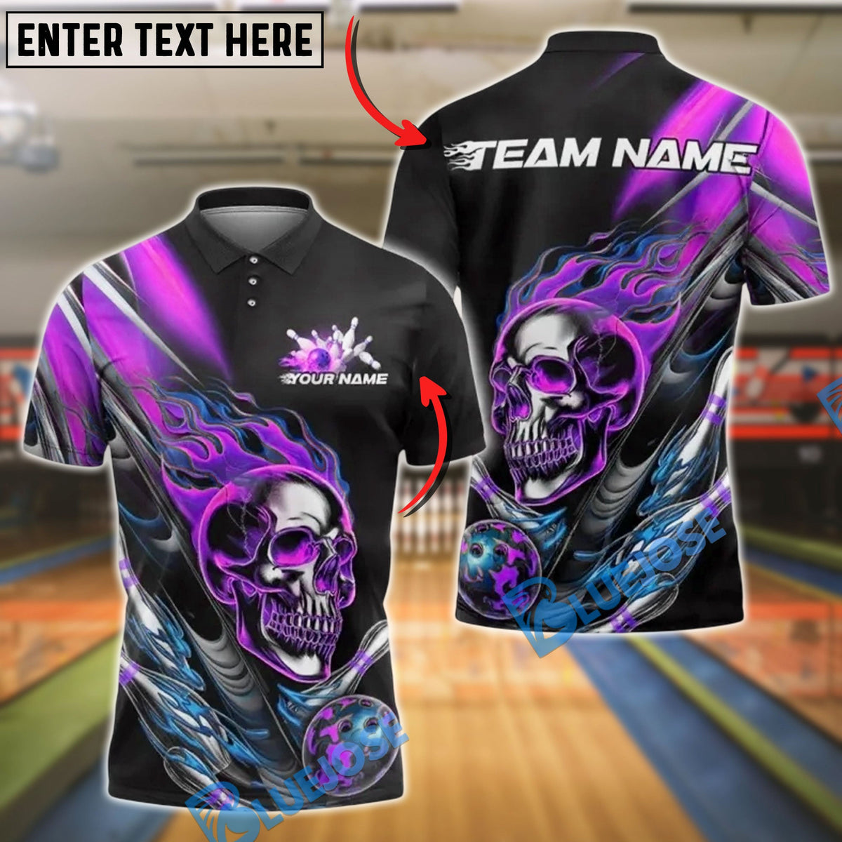 BlueJose Bowling And Pins Flaming Skull with Bowling Ball Customized Name, Team Name 3D Shirt (4 Colors)