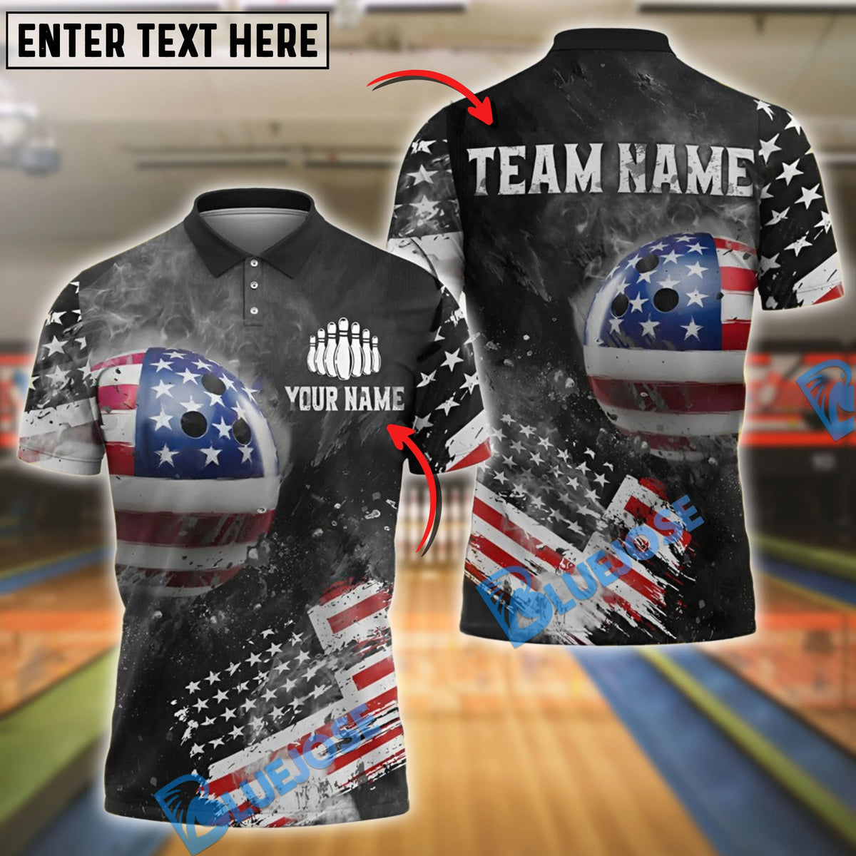BlueJose Bowling Smoke US Flag Customized Name, Team Name 3D Shirt