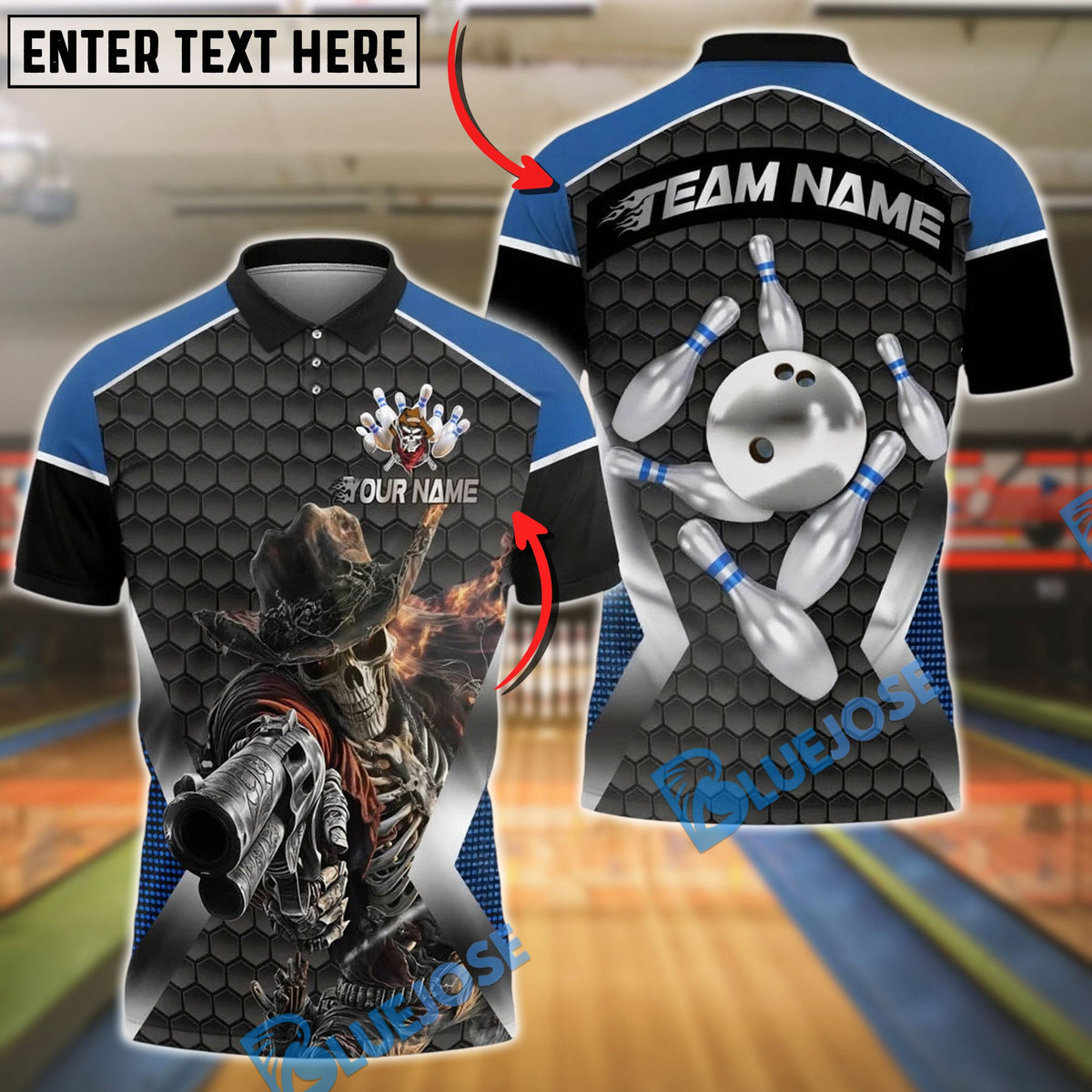 BlueJose Bowling And Pins Skeleton Cowboy Customized Name, Team Name 3D Shirt (4 Colors)