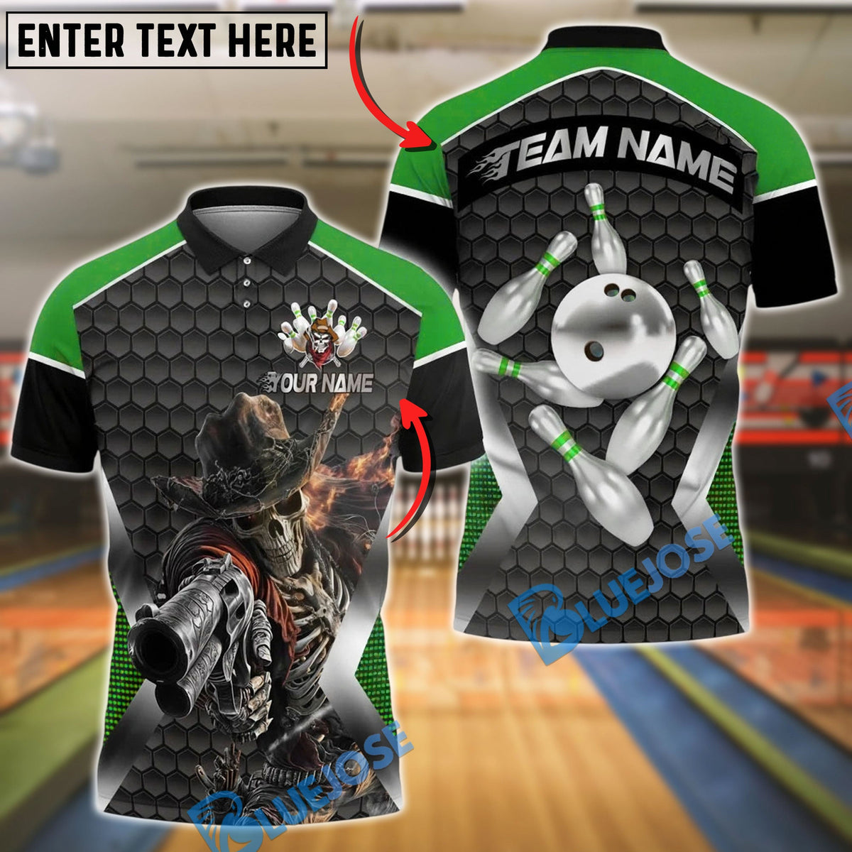 BlueJose Bowling And Pins Skeleton Cowboy Customized Name, Team Name 3D Shirt (4 Colors)