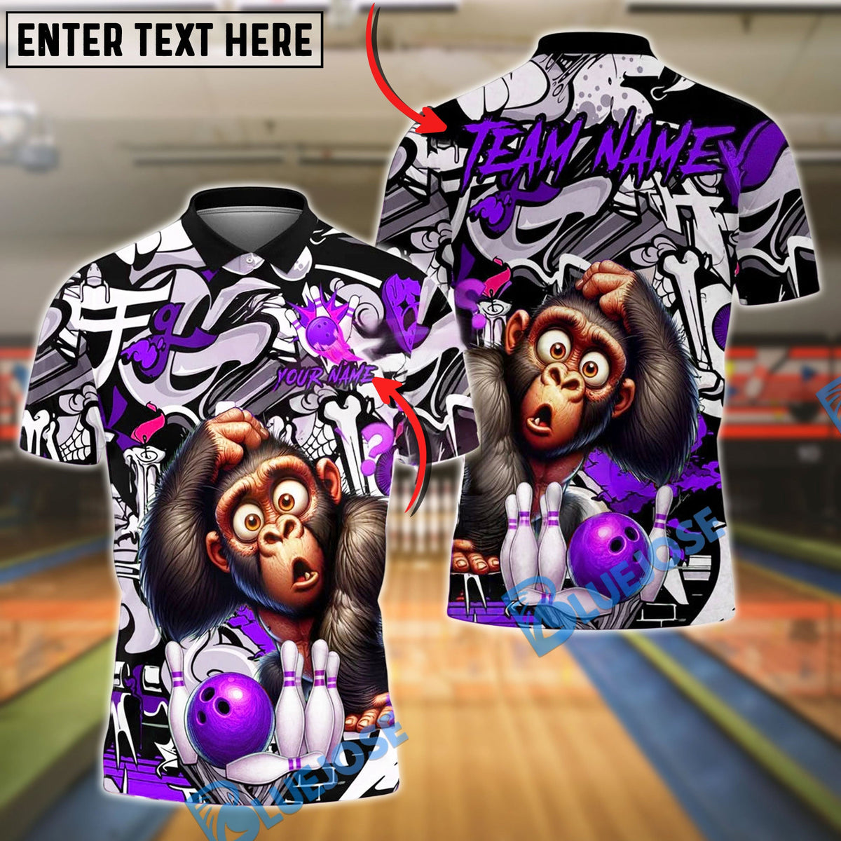 BlueJose Bowling And Pins Monkey Graffiti Customized Name, Team Name 3D Shirt (4 Colors)