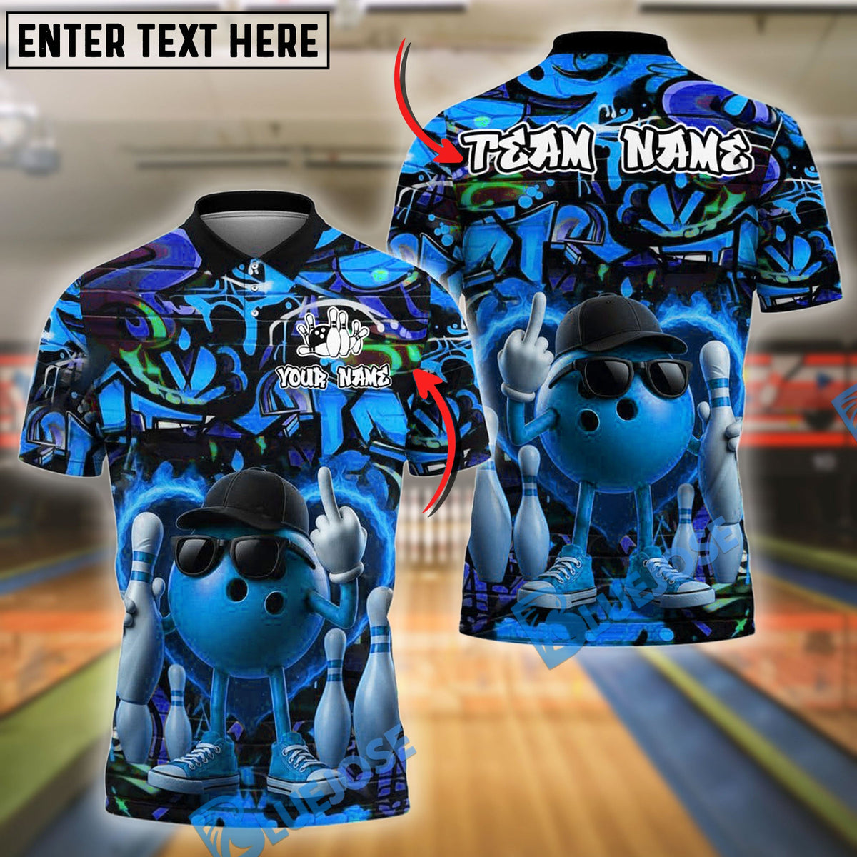 BlueJose Street Bowling Attitude Graffiti Pattern Customized Name, Team Name 3D Shirt (4 Colors)