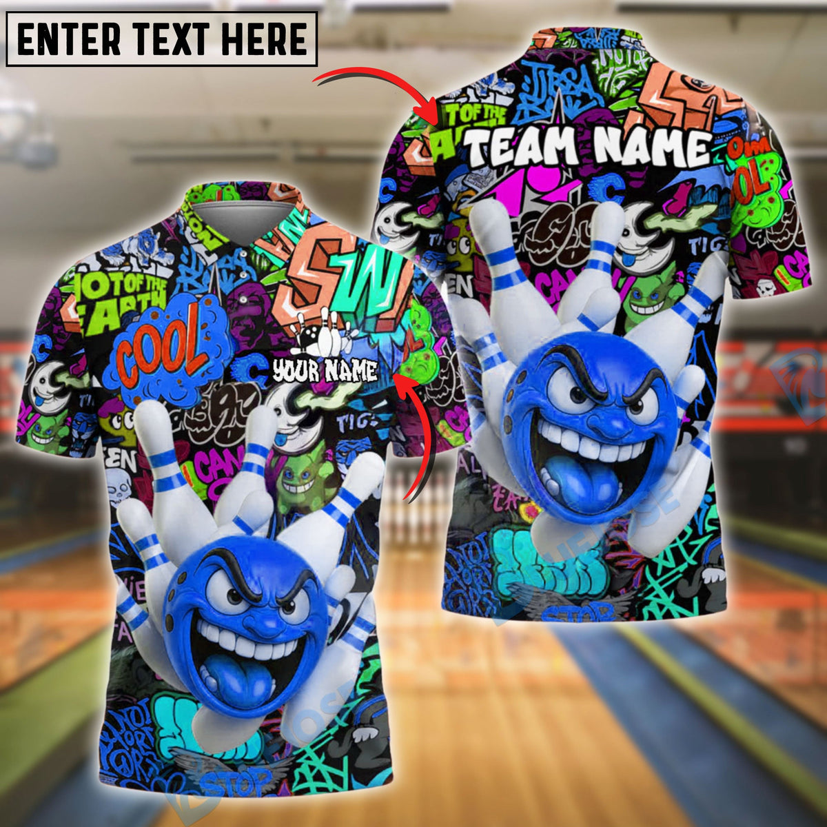 BlueJose Bowling Graffiti Madness Customized Name, Team Name 3D Shirt (4 Colors)