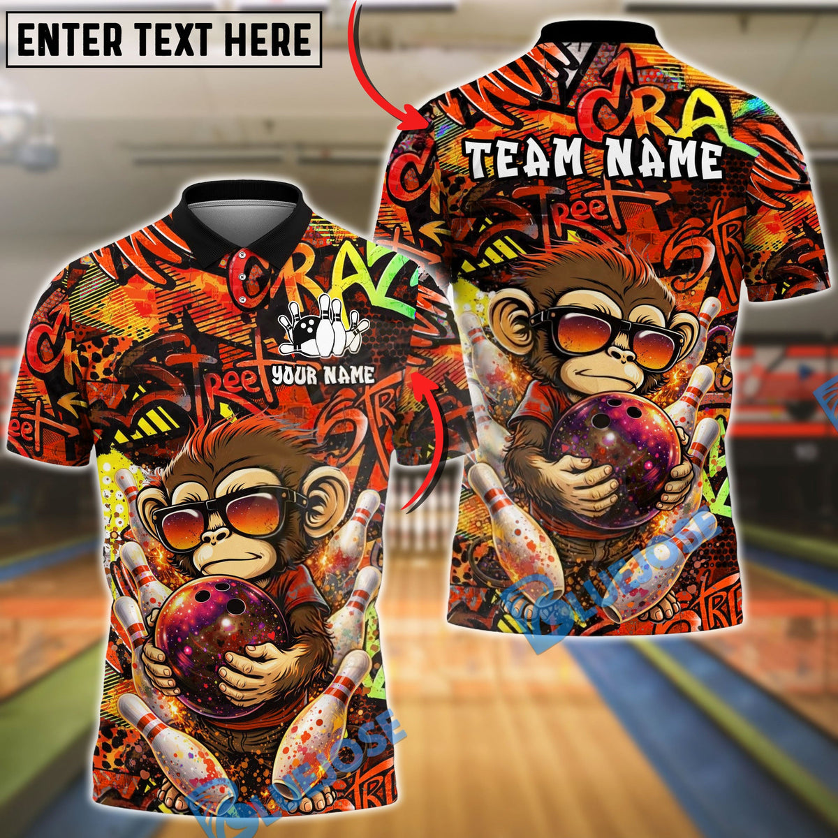 BlueJose Bowling & Pins Graffiti Monkey Ball Street Art Customized Name, Team Name 3D Shirt (4 Colors)