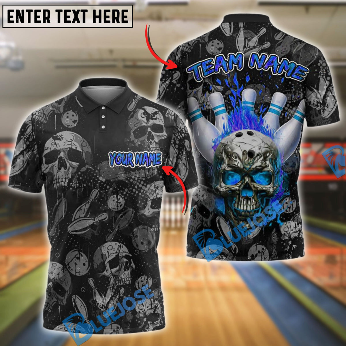 BlueJose Bowling And Pins Burning Skull Customized Name, Team Name 3D Shirt (4 Colors)