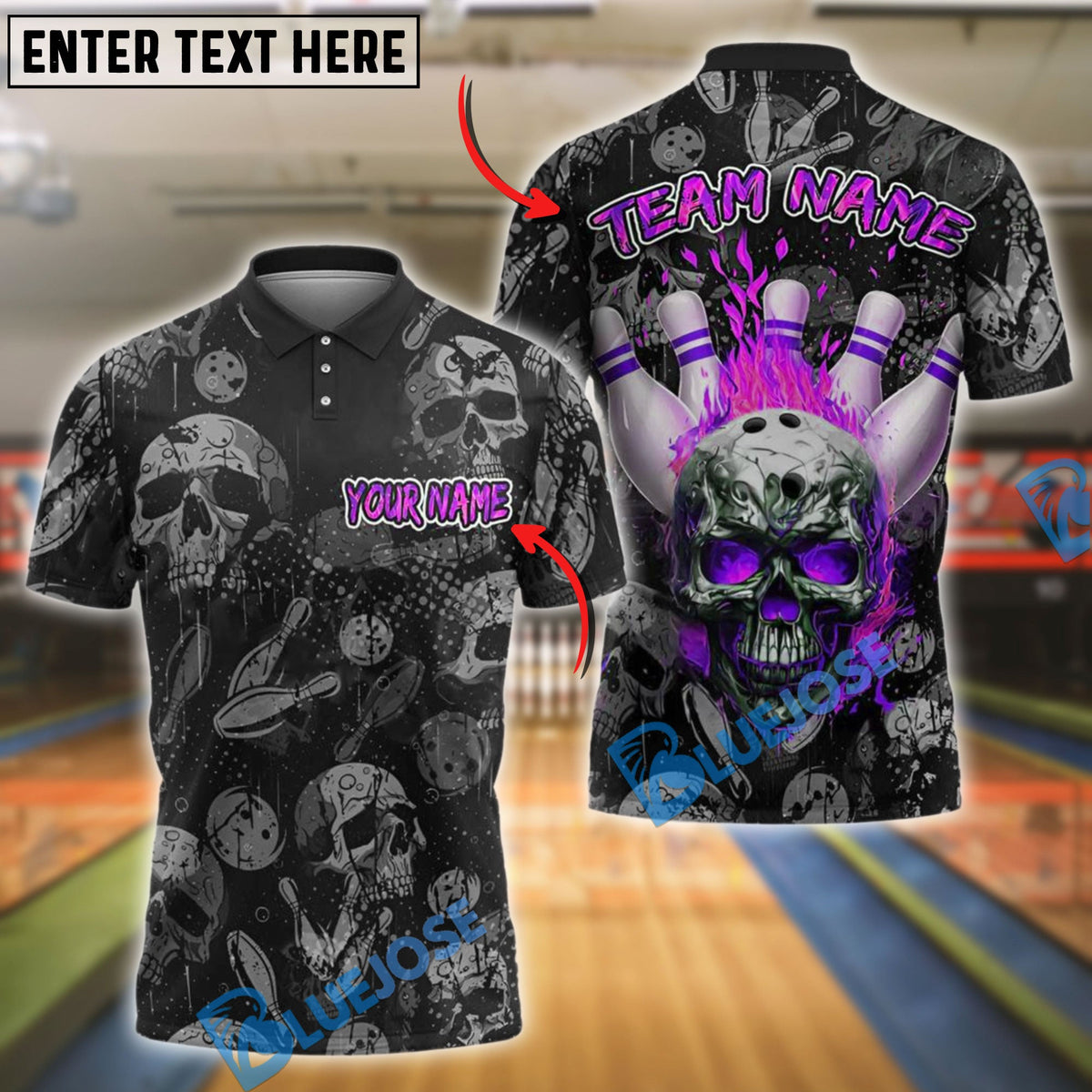 BlueJose Bowling And Pins Burning Skull Customized Name, Team Name 3D Shirt (4 Colors)
