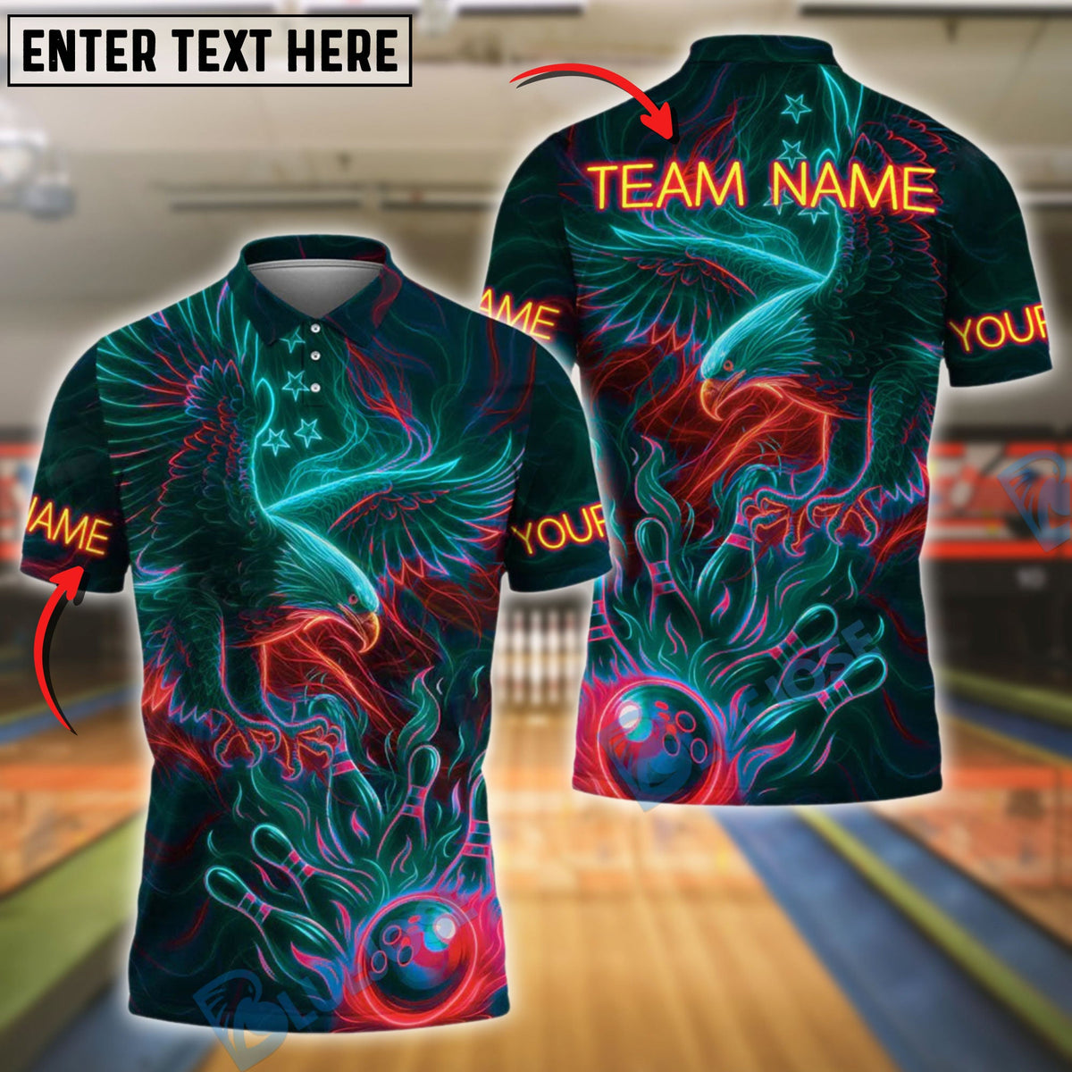 BlueJose Bowling And Pins Eagle Neon Style Customized Name, Team Name 3D Shirt (4 Colors)